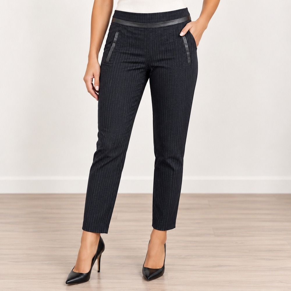 Rafaella Comfort Women Black Pinstripe Slim Leg Pants Faux Leather Trim Size 12
